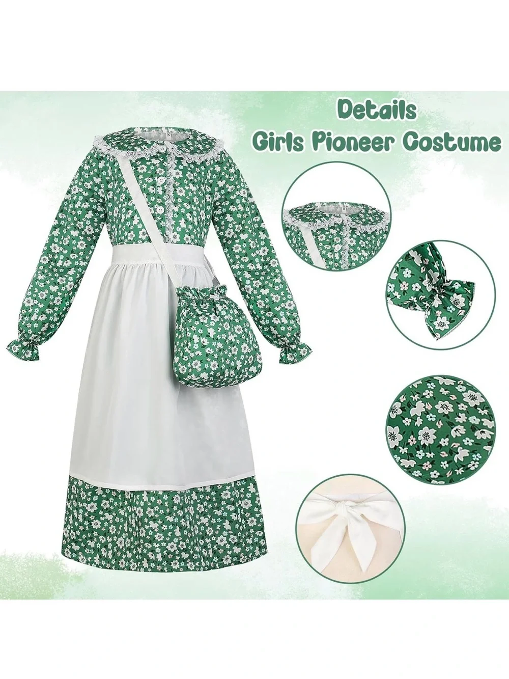 New Girls Pioneer Floral Prairie Dress Costume Small Green Apron Bonnet Bag sock